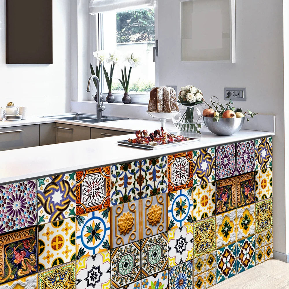 16pcs Retro Moroccan Style Tiles Kitchen Oil-poof & Waterproof Sticker Cupboard Bathroom Home Renovation Peel & Stick Wallpaper