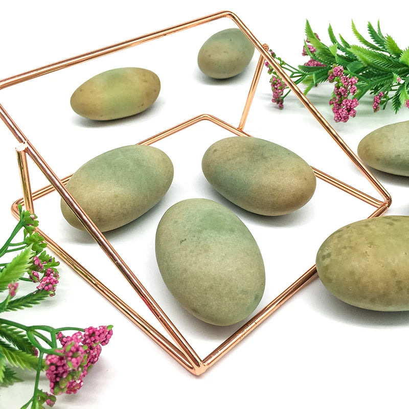 Green crystal pebbles with copper wire frame, oval landscaping stones decor set