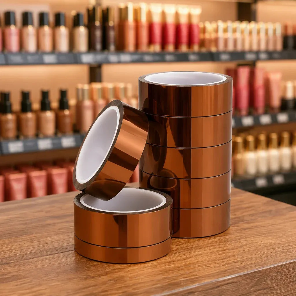 Copper-brown adhesive tape rolls with white inner backing, two standing stacks