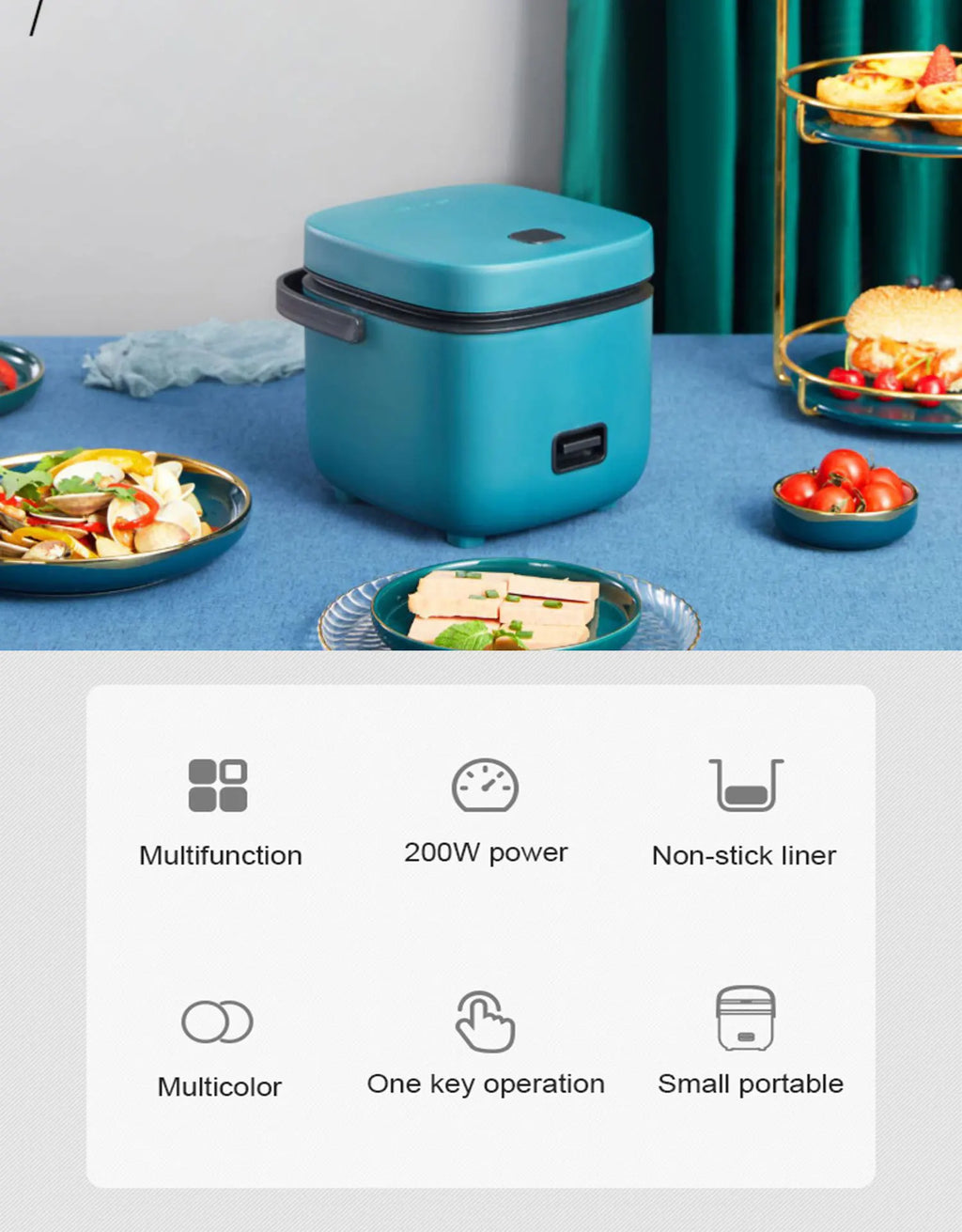 Blue mini electric rice cooker with control panel and icons for multifunction features