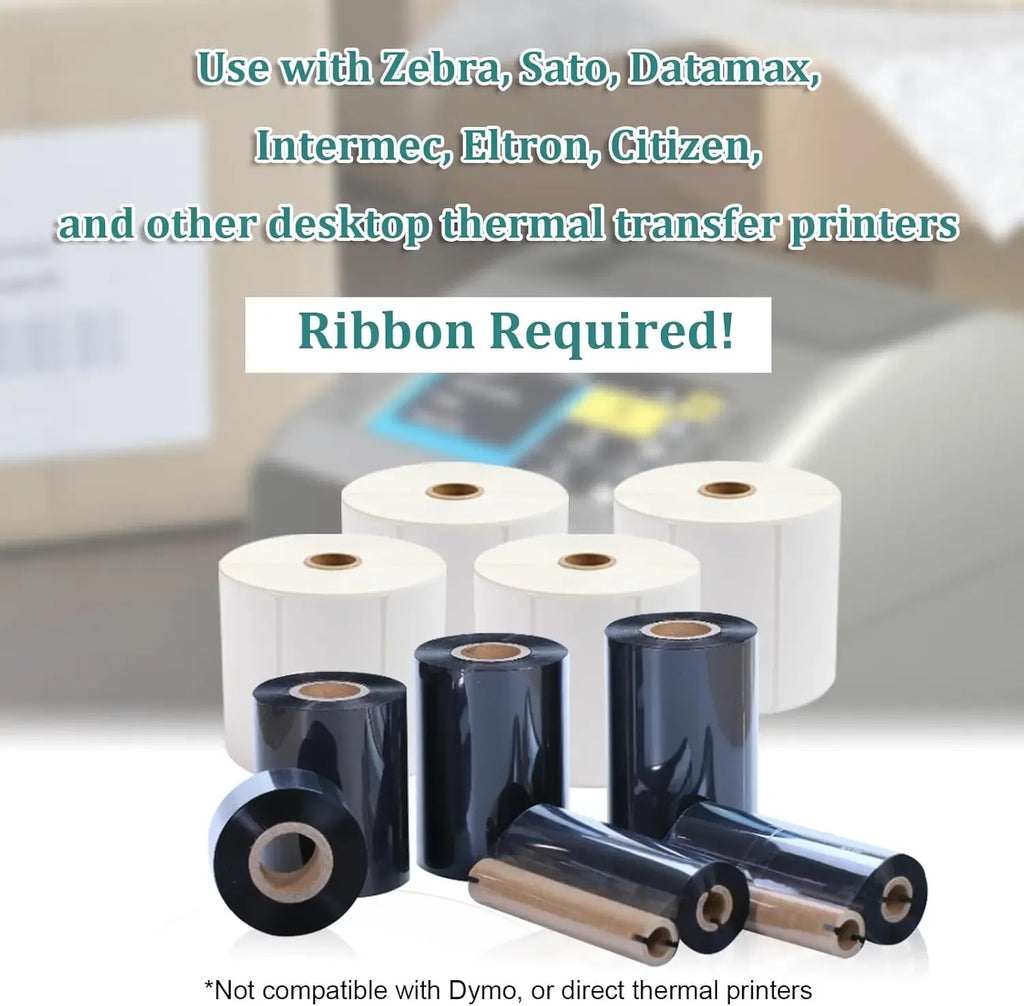 White thermal label rolls with dark ribbon spools and carrier film