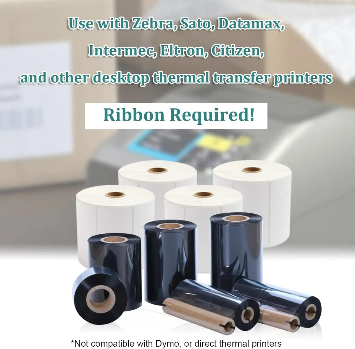 White thermal label rolls with dark ribbon spools and carrier film