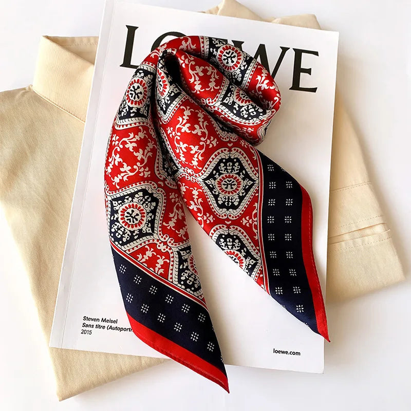 Women's Spring Autumn Mulberry Silk Square Scarf, Elegant Geometric Print, Soft & Smooth Neck Scarf
