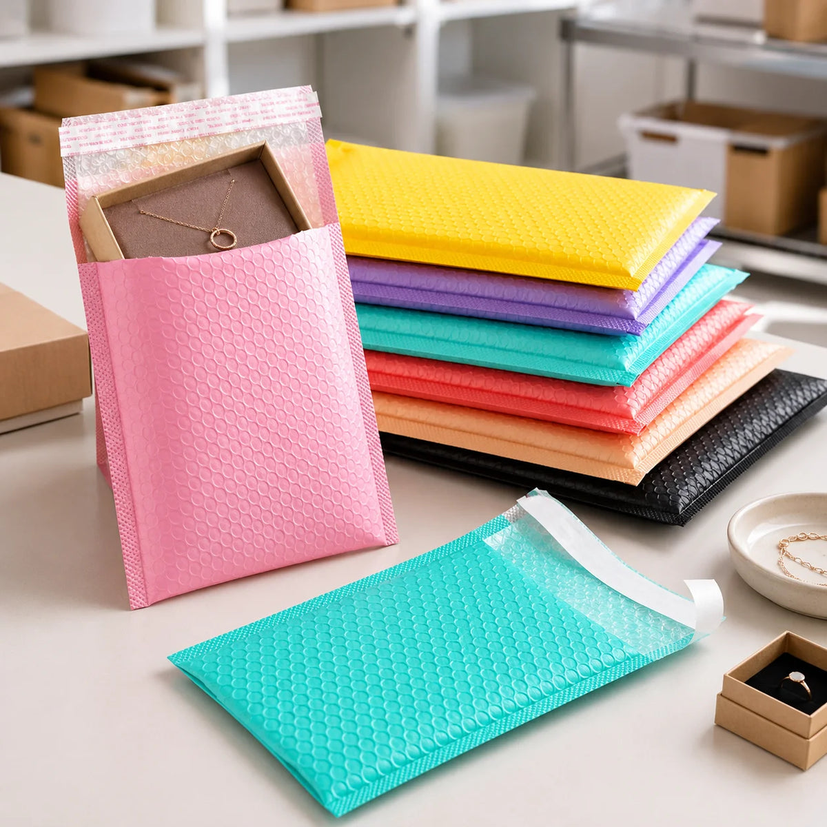 Bubble mailing envelopes in pink and turquoise with bubble-texture padding