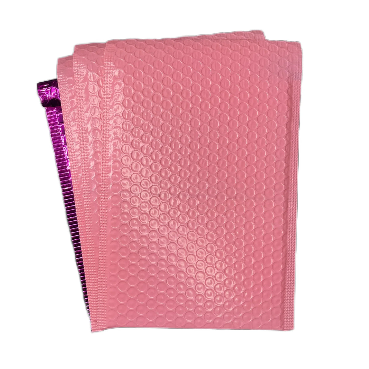 Pink bubble mailer shipping bags with raised bubble-texture poly surface.