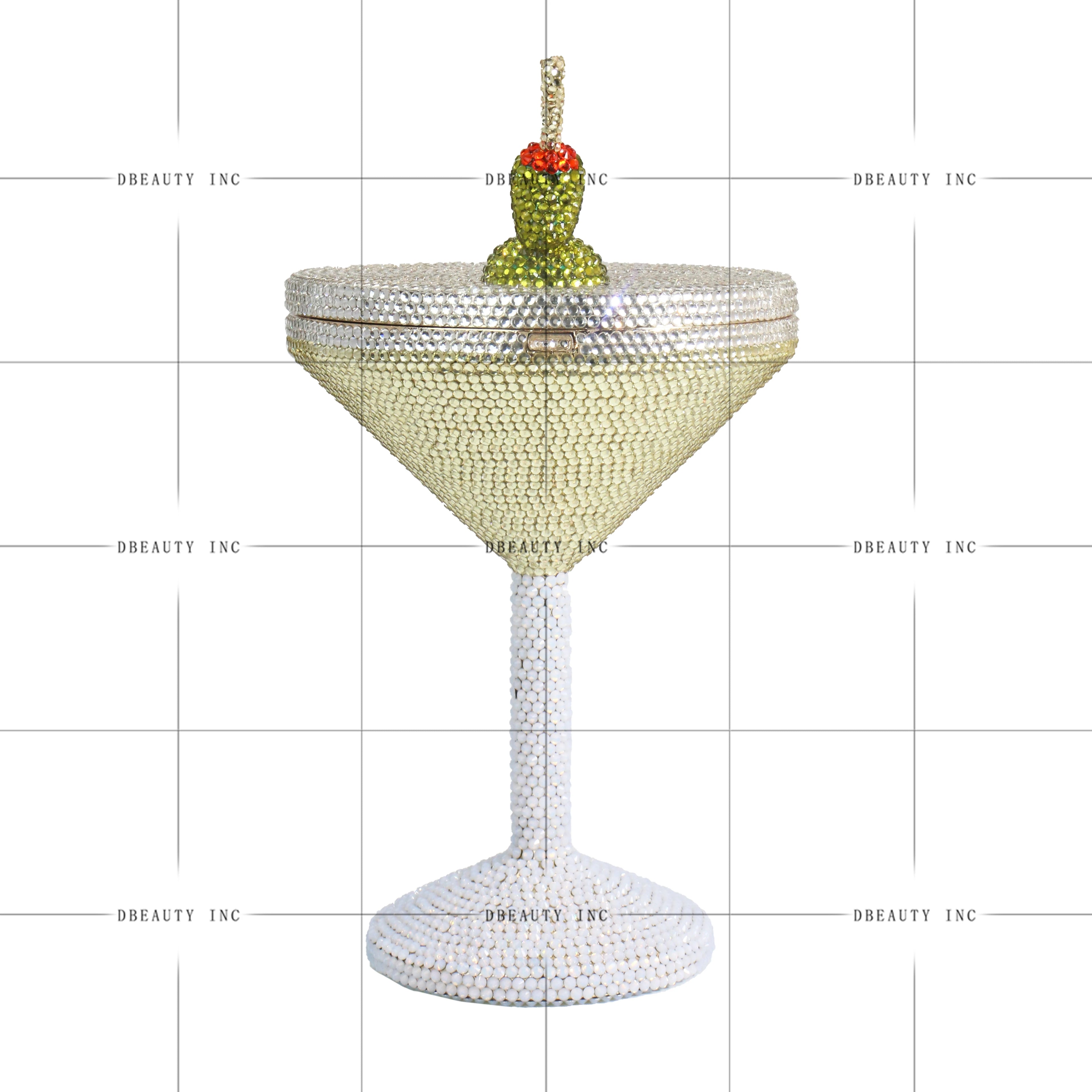 Martini glass designer handbag covered in sparkling rhinestones with a crystal olive topper for formal party wear.
