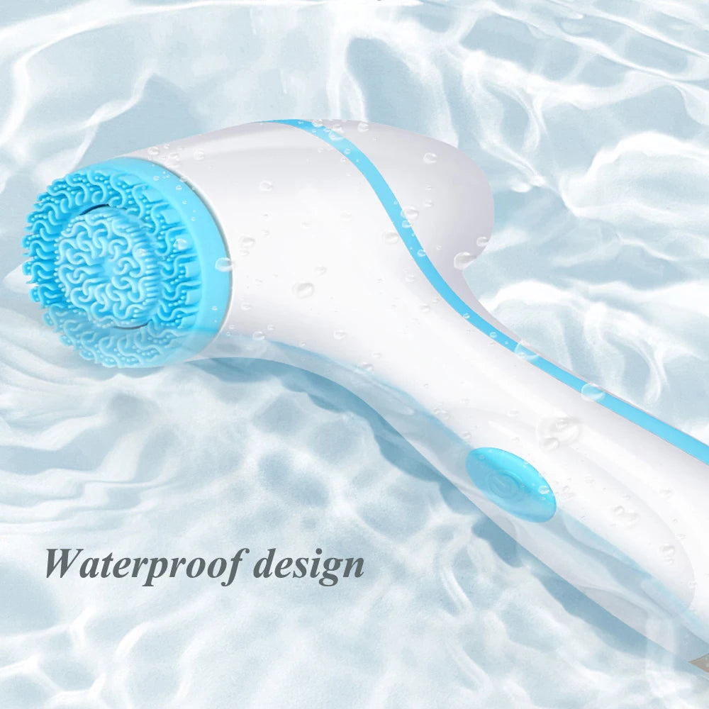 Waterproof sonic facial cleansing brush with blue silicone bristles for deep skin cleaning and blackhead removal.