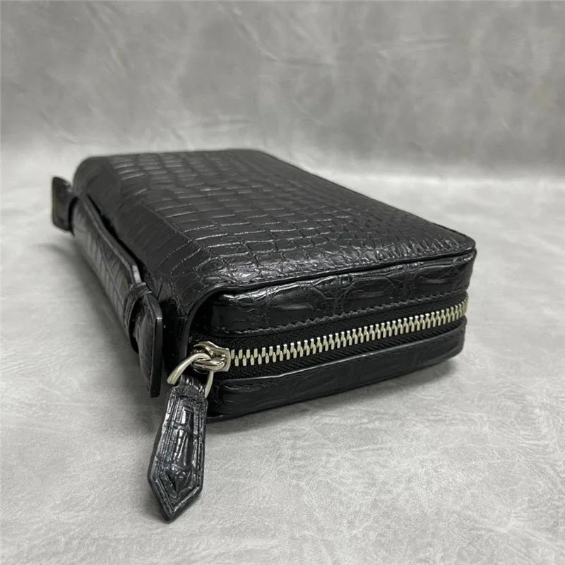 Authentic Crocodile Belly Skin Male Large ZIP Card Purse Genuine Exotic Alligator Leather Businessmen Small Black Clutch Bag