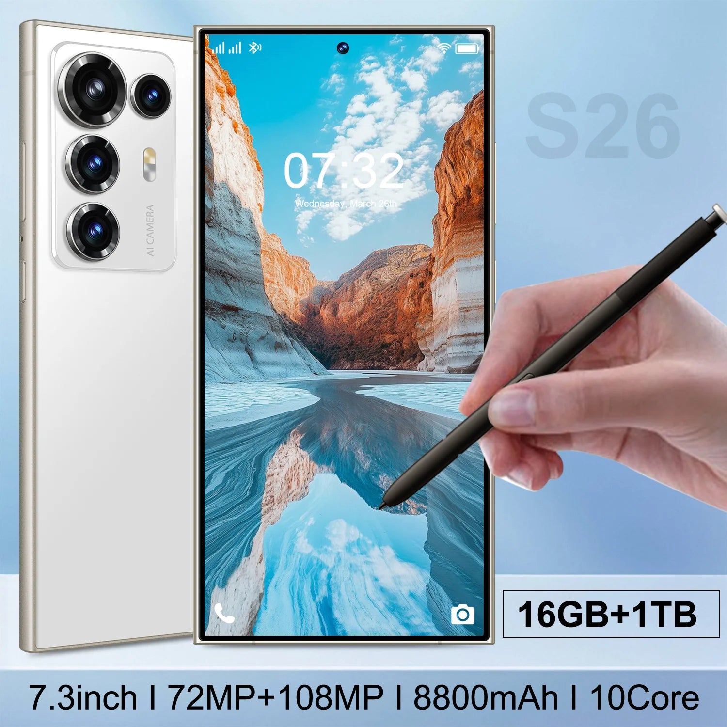 S26 Ultra smartphone with 7.3 inch display and long battery life viewed from side angle