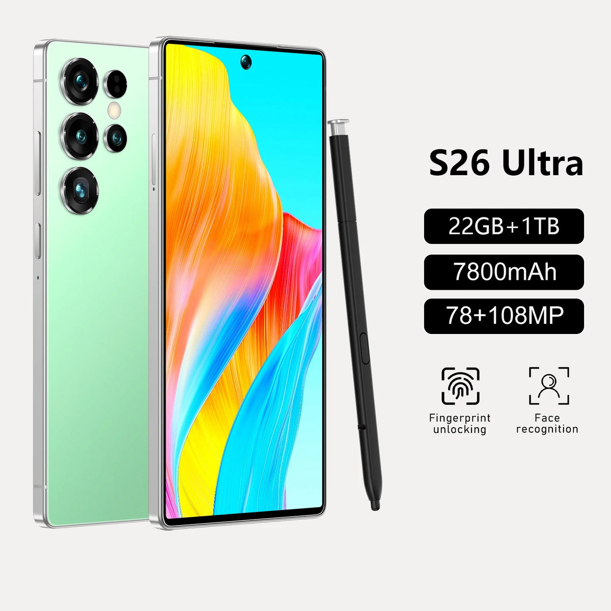 Mint green smartphone with quad rear cameras, front display, and stylus pen