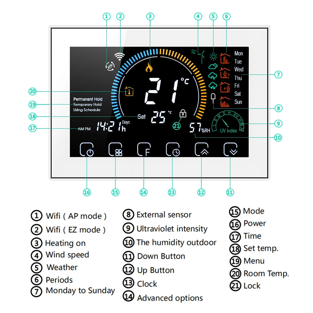 WiFi Smart Thermostat for Home Heating - Colorful Touchscreen Model Tidesmit