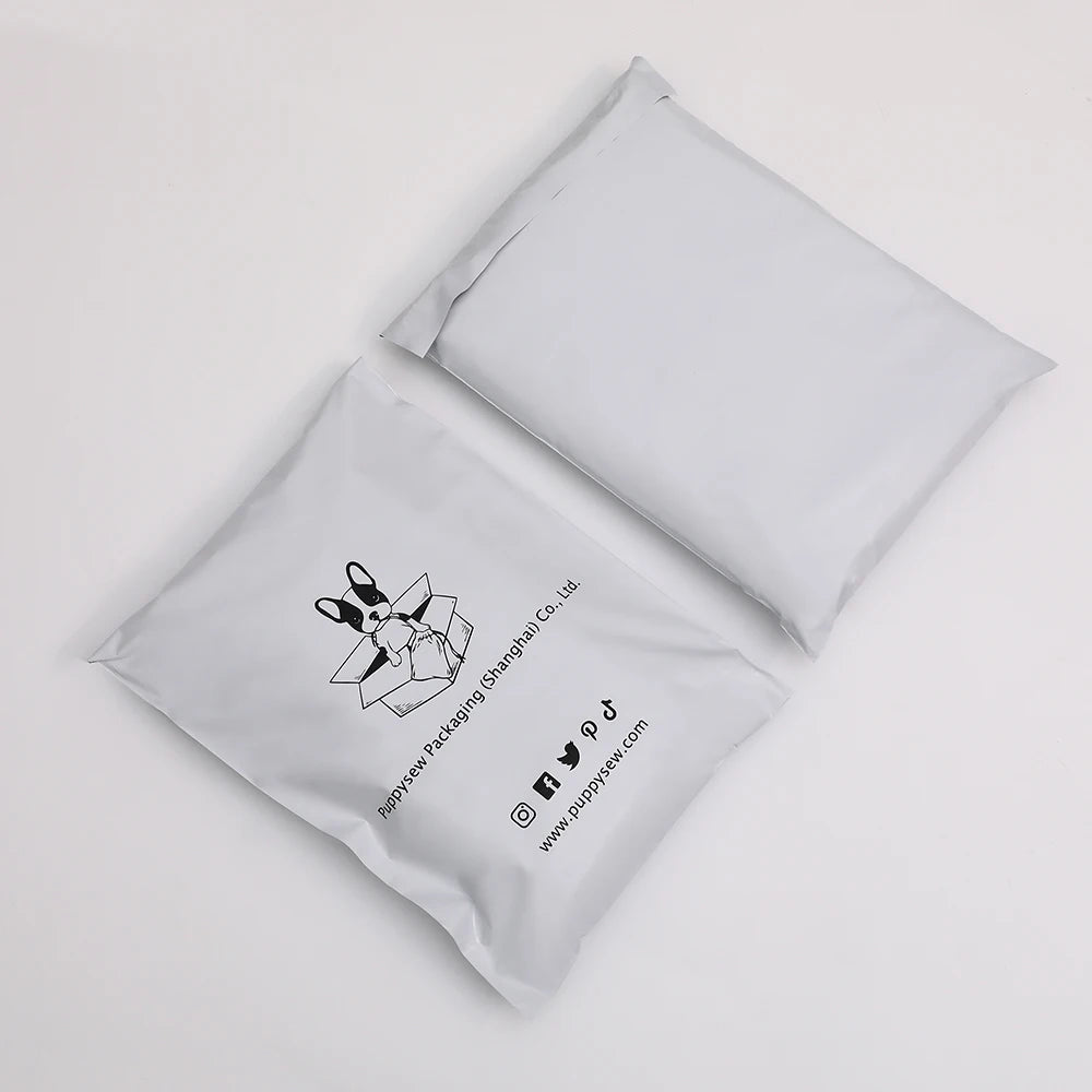White poly mailer shipping bags with bunny logo and social icons print