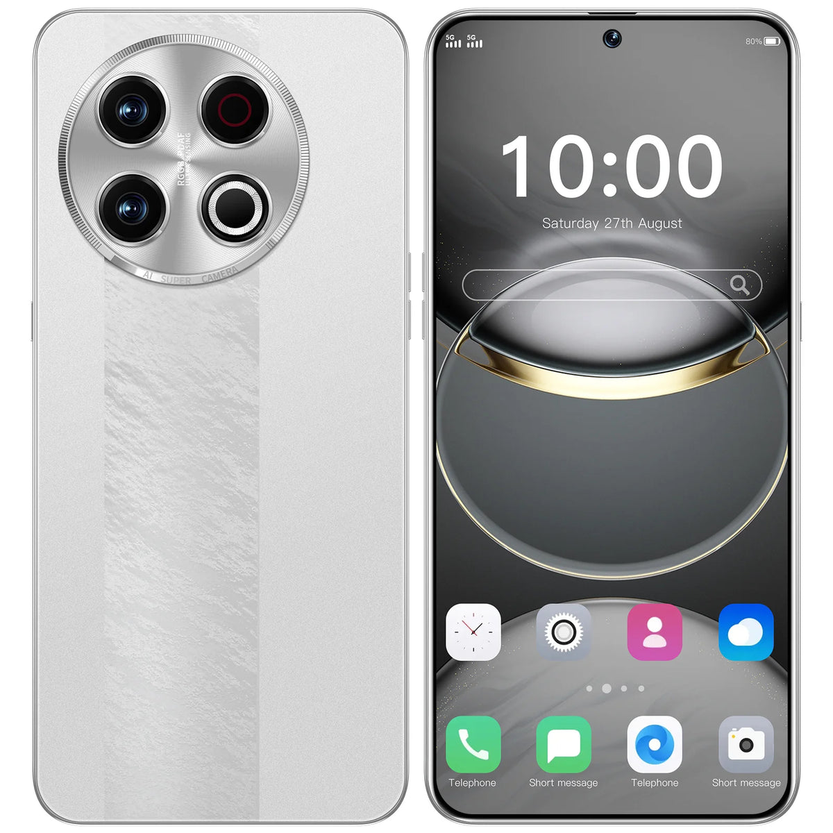 Tecno Spark 30 Pro unlocked smartphone, white front and back with triple camera and icons