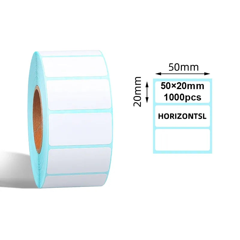 Sky blue thermal barcode label roll, 50x20mm waterproof self-adhesive, 1000 labels