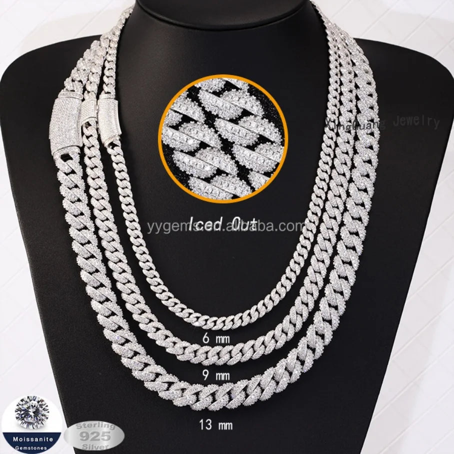 Wholesale Hip Hop Jewelry 8mm 10mm 12mm VVS Diamond Necklace Dropshipping Silver Iced Out Cuban Link Moissanite Chain