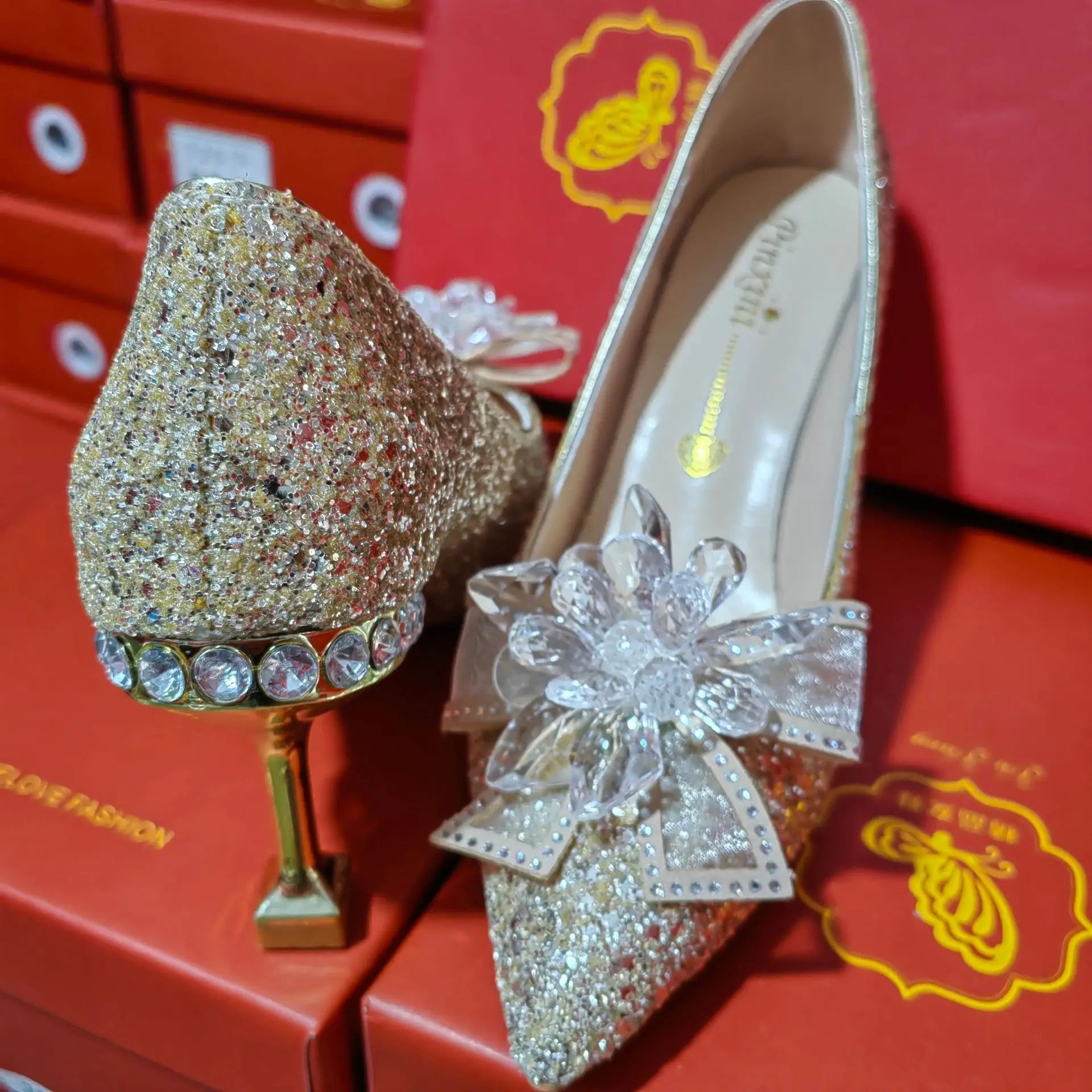 Luxury Shiny Champagne Gold High-heeled Women's Shoes Pointed Toe Designer Heels Ladies Sexy Bridal Wedding Gowns Shoe