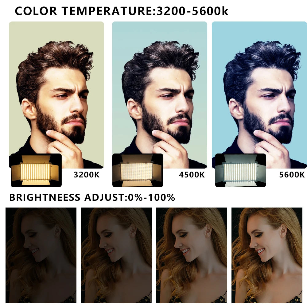 LED light panel with adjustable color temperature from 3200K to 5600K and dimmable brightness for portrait photography.