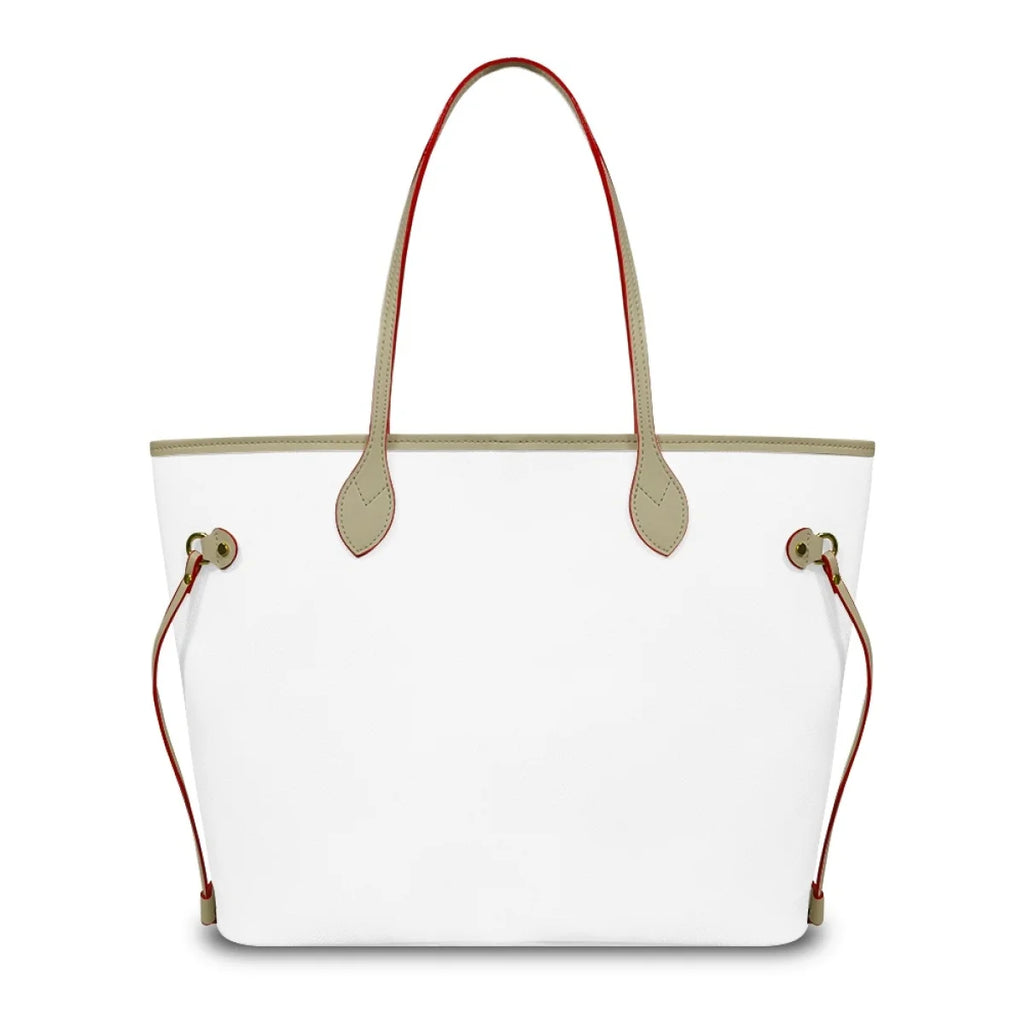 White leather designer tote bag with beige straps, red trim accents, and gold hardware. Large capacity shoulder purse.