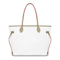 White leather designer tote bag with beige straps, red trim accents, and gold hardware. Large capacity shoulder purse.