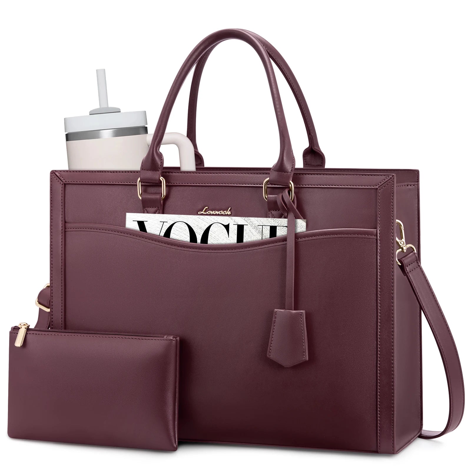 Burgundy LOVEVOOK designer leather laptop tote bag for women with matching clutch, structured office work handbag.