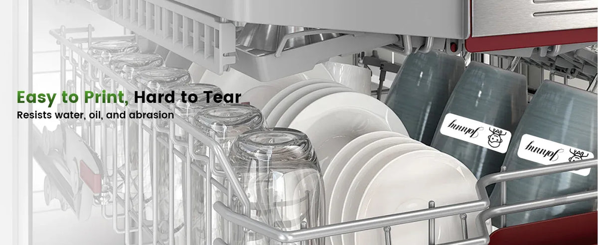 Rolls and sheets of thermal labels with “easy to print” and “hard to tear” styling