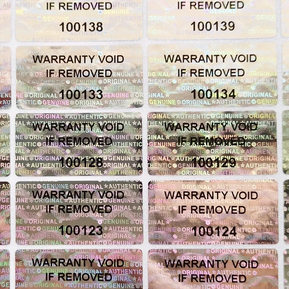 Holographic warranty void label sticker sheet with barcodes and serial numbers