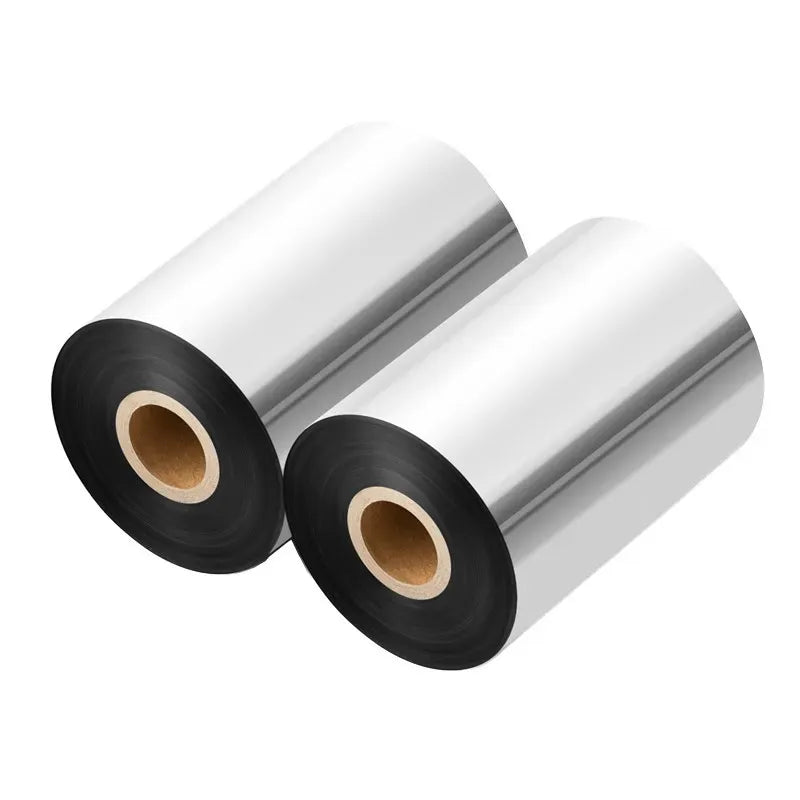 Shiny roll of adhesive tape with black edge, silver outer layer, visible cardboard core