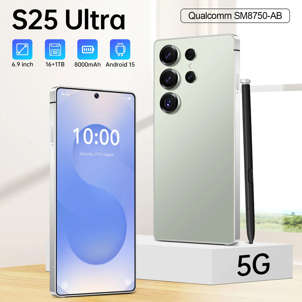 Ultra 5G S25 Smartphone with 7.3 inch HD display and 108MP camera, showing side profile view, gallery position 4.