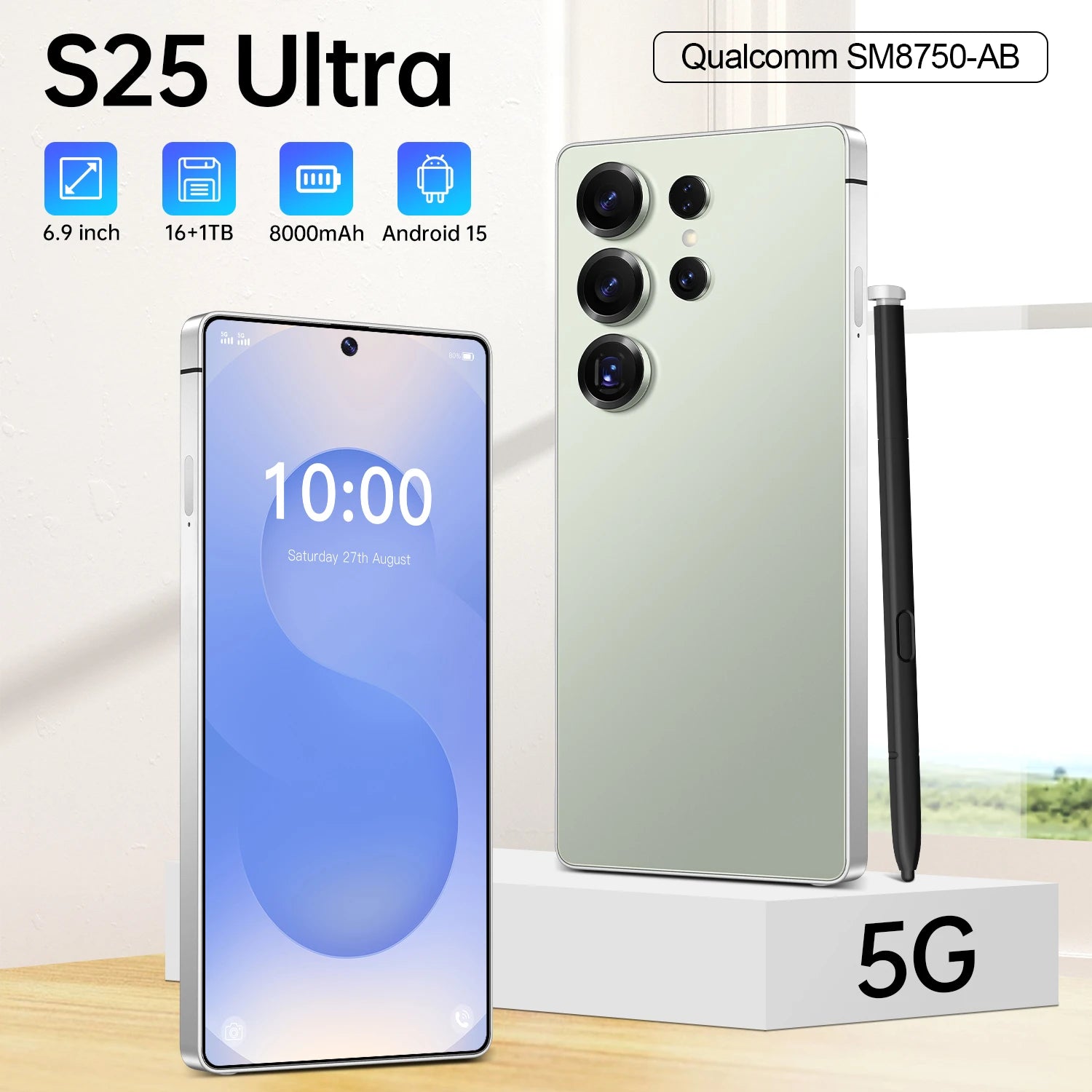 Ultra 5G S25 Smartphone with 7.3 inch HD display and 108MP camera, showing side profile view, gallery position 4.