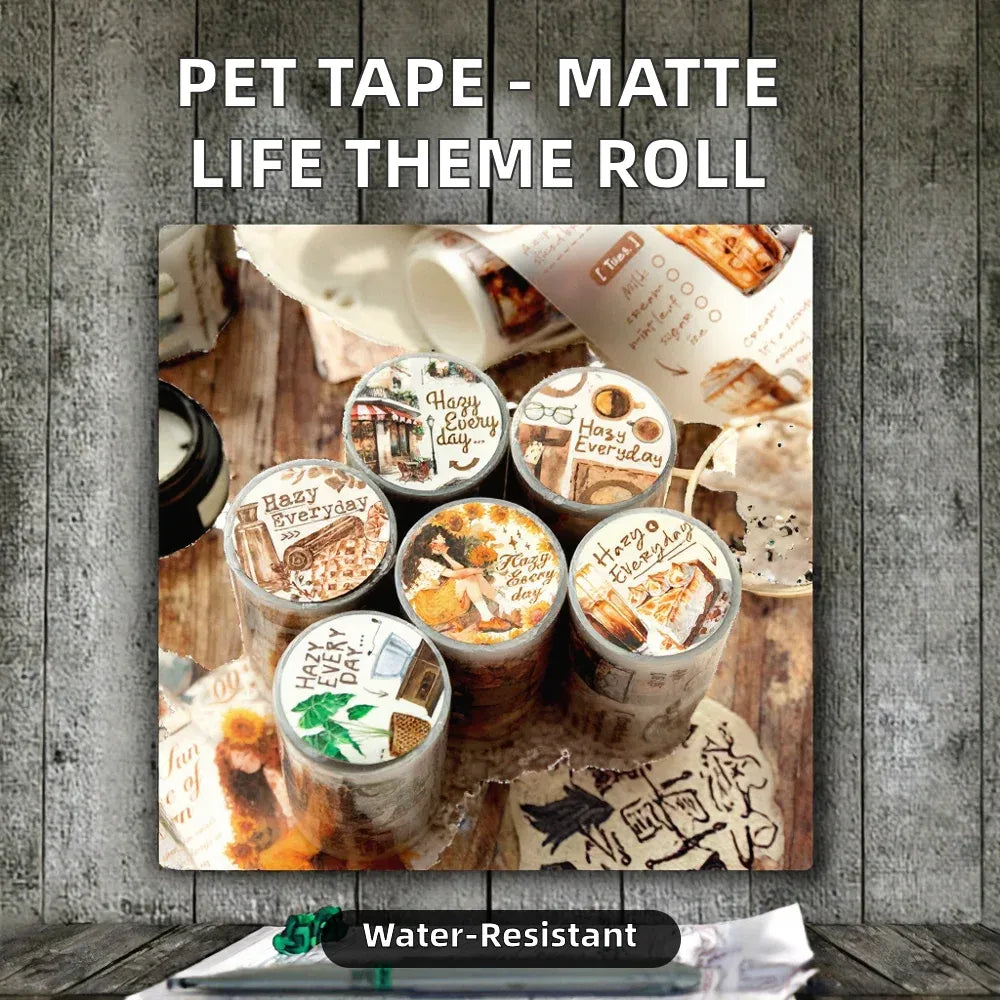 Matte PET life-theme tape roll set with “Hazy Everyday” prints, shown in a cluster.