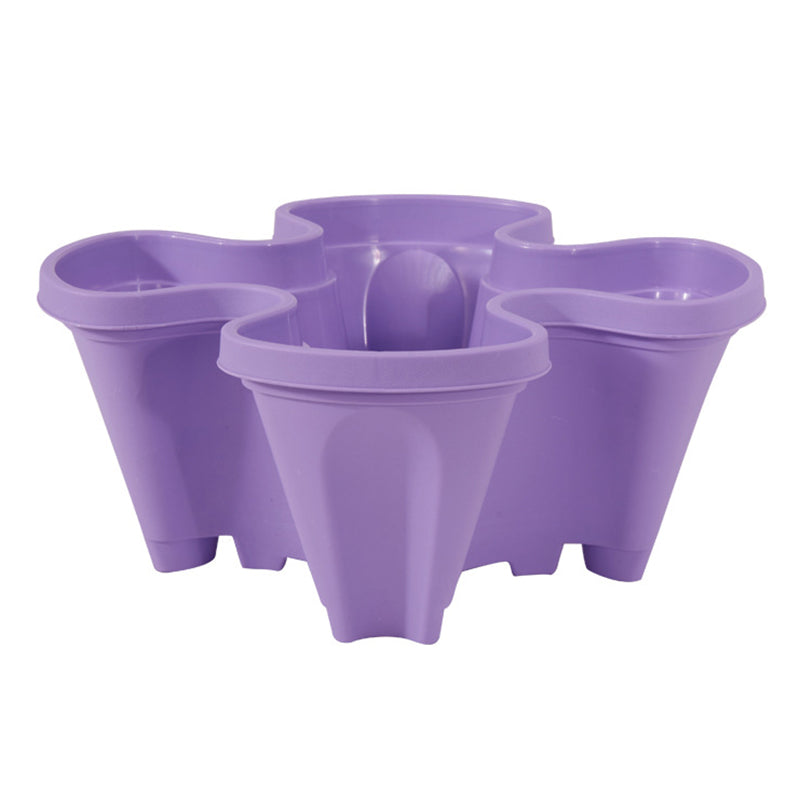 Stackable plastic flower pot set in purple, three connected vertical planters.
