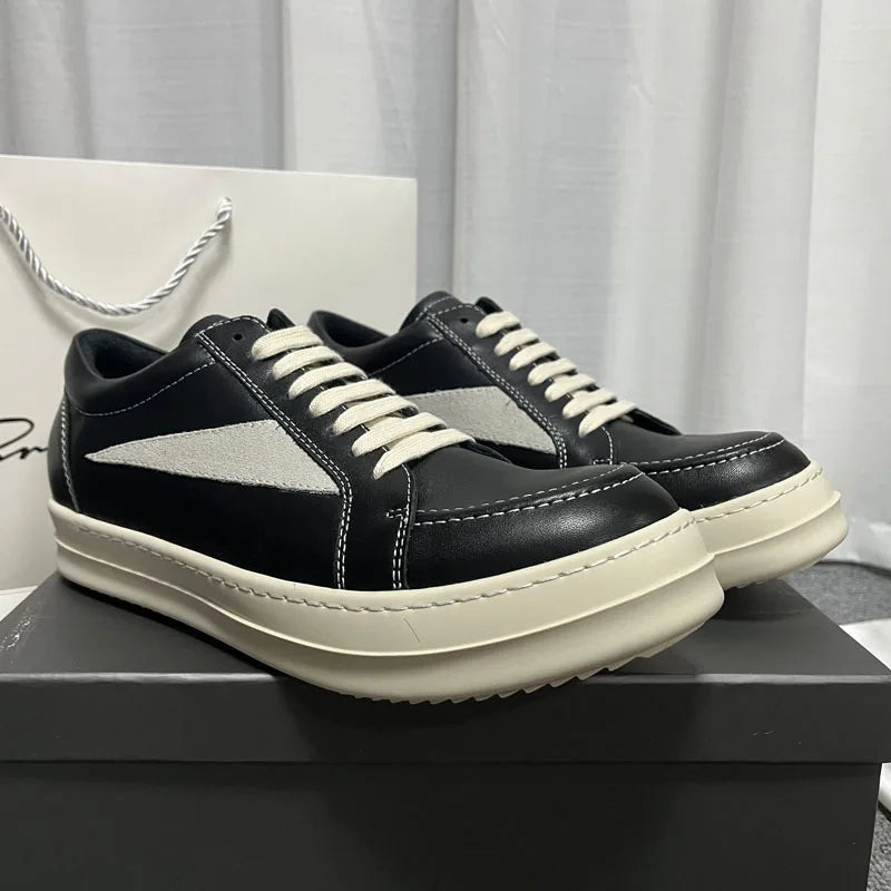 Men's Black Leather Lace-up Sneaker Casual Flat Shoe Genuine Leather Lining Lightweight Cushioned Monk Strap Style Luxury Shoes