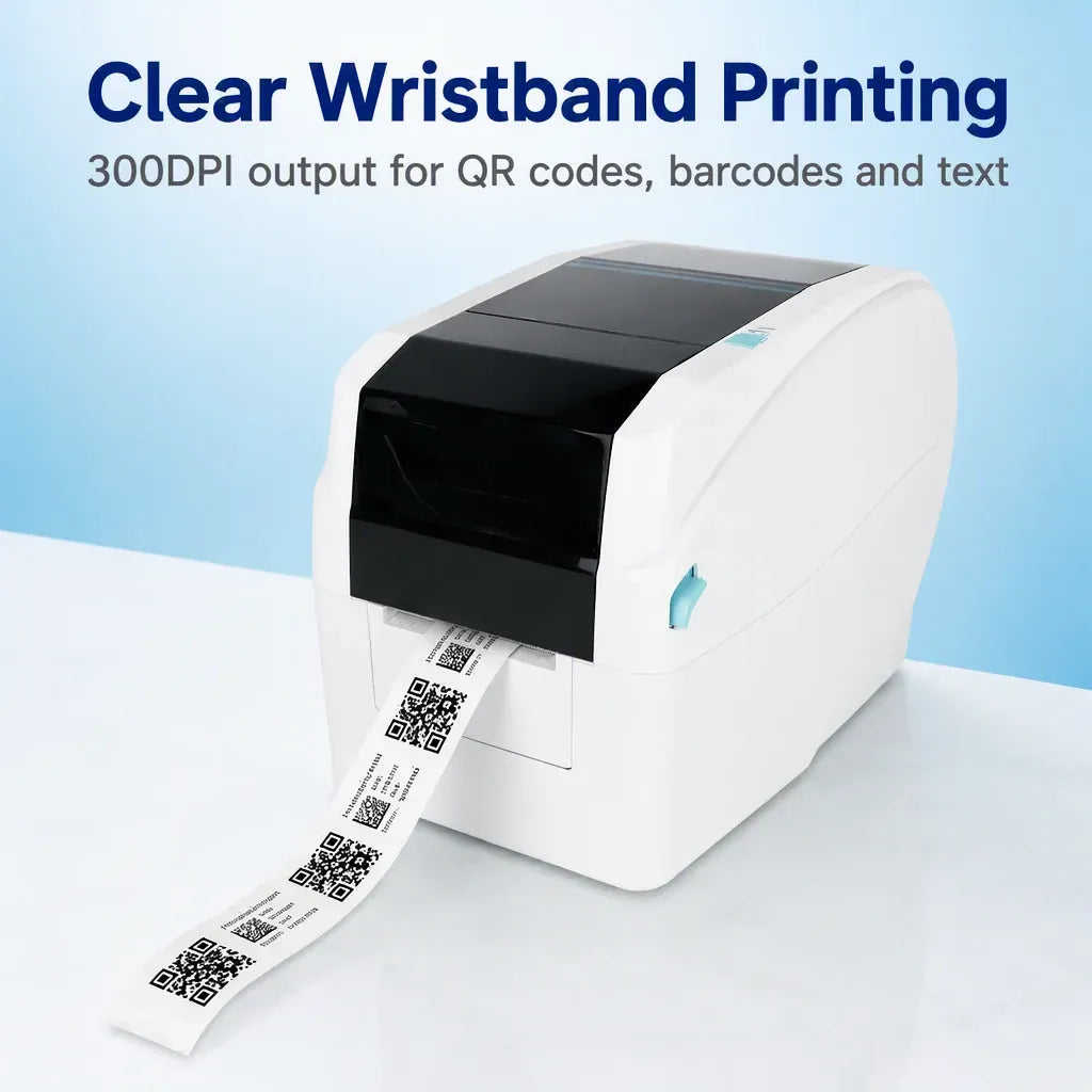 White barcode printer printing QR codes on wristband label tape