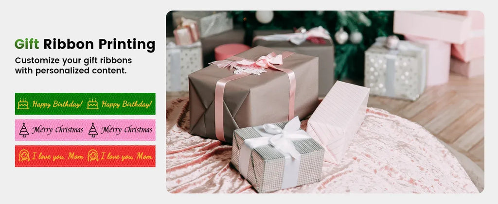 Printed gift ribbon samples with festive text for crafting and wrapping