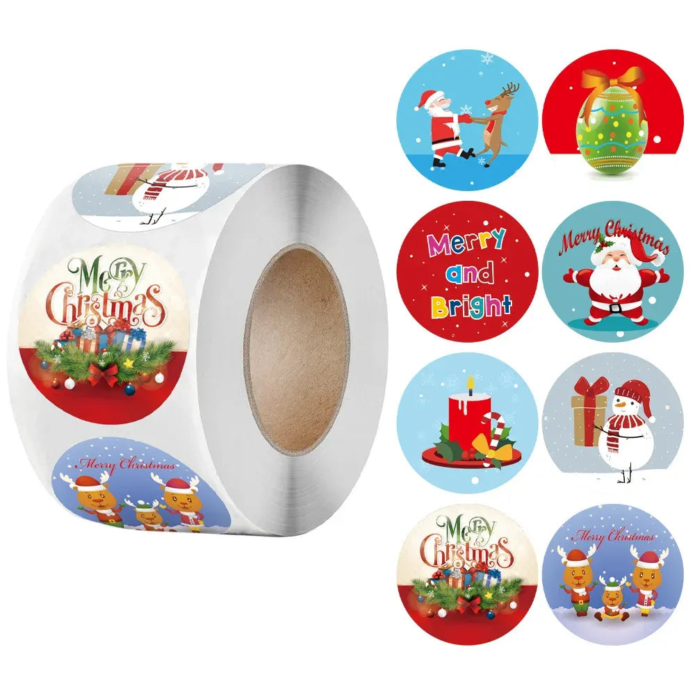 Christmas round sticker roll with colorful holiday circle labels including “Merry and Bright”