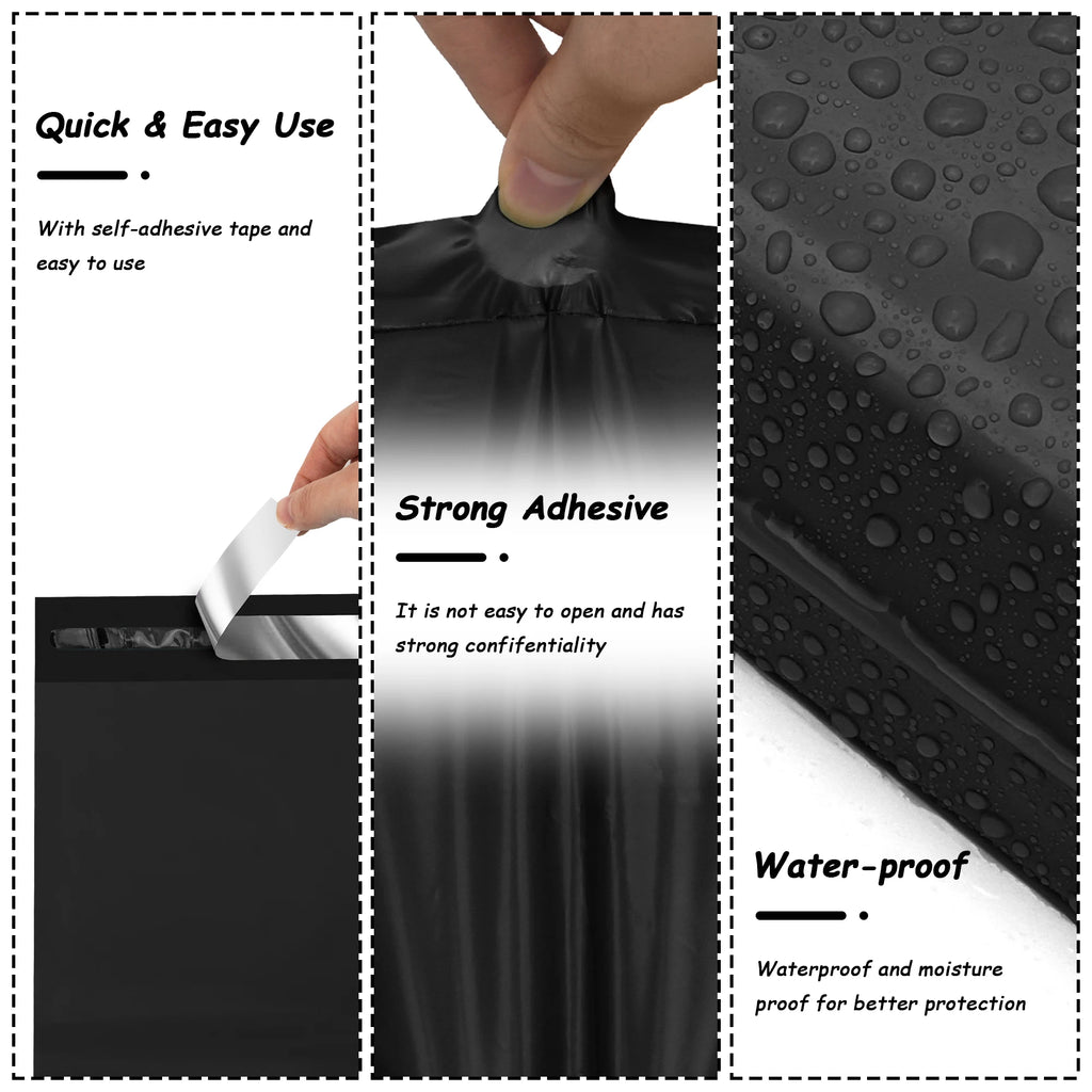 Black waterproof poly mailer with self-adhesive seam and water droplet texture