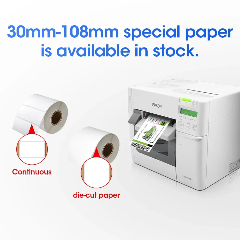 White label paper roll with printer feed showing continuous and die-cut label types