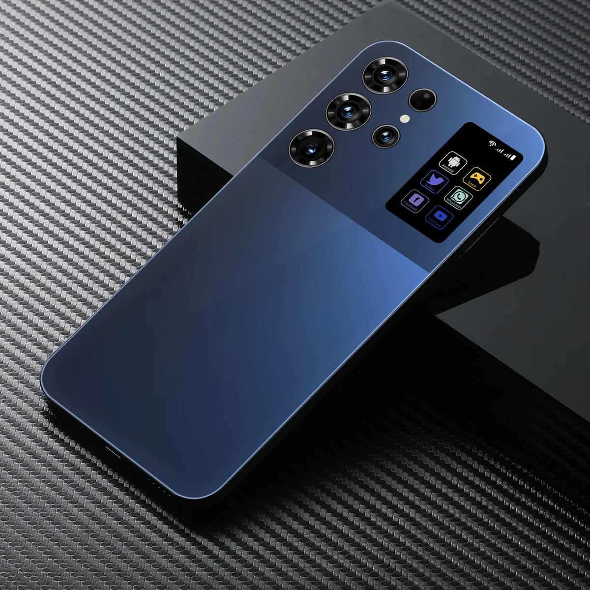 S26 Ultra 5G smartphone in dark blue with quad rear cameras and side button details