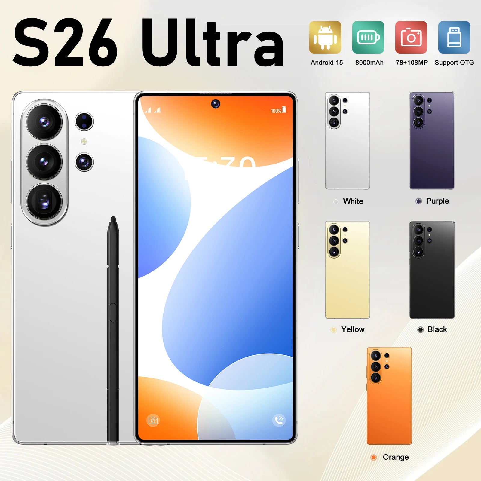 S26 Ultra Android 15 5G smartphone with 22GB RAM, 2TB storage, 144Hz display, and 108MP camera, gallery view 10