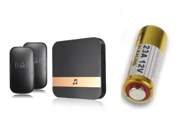Black wireless doorbell chime receiver with small transmitter and battery cylinder