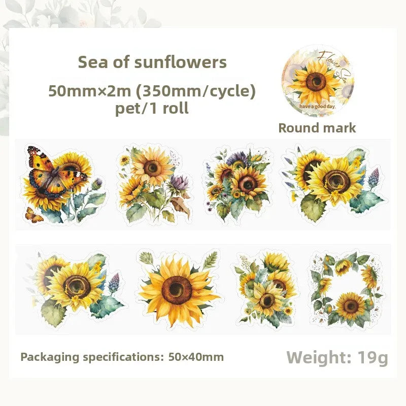 Sea of sunflowers PET masking tape packaging with sunflower and butterfly sticker icons