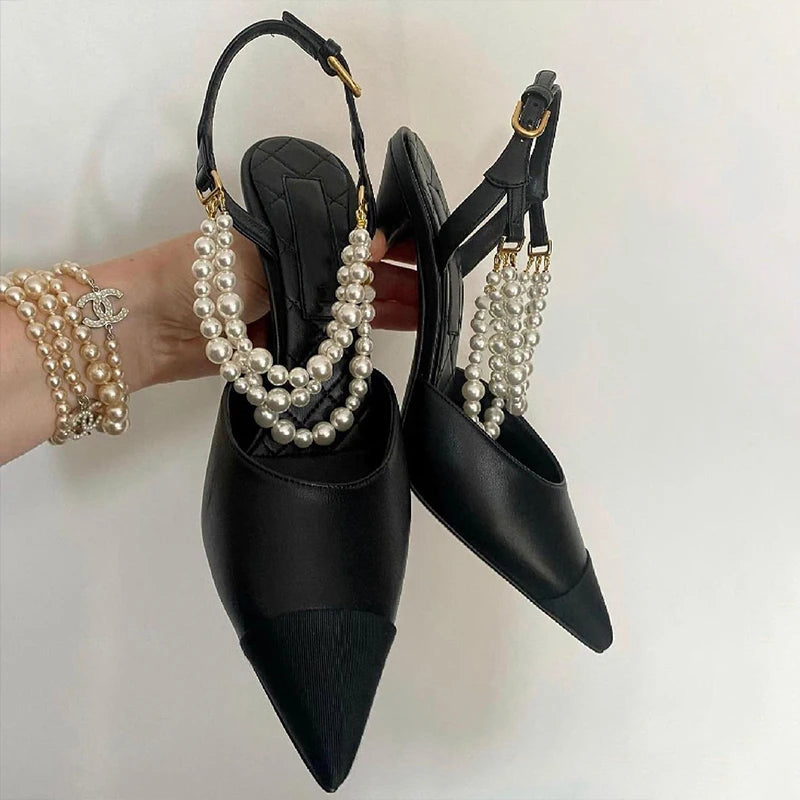 2026 Summer New Pointed High Heels Color Blocked Pearl Chain Toe Women's Sandals