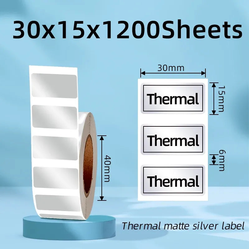 Matte silver thermal label sheet roll with 30x15mm thermal rectangle labels