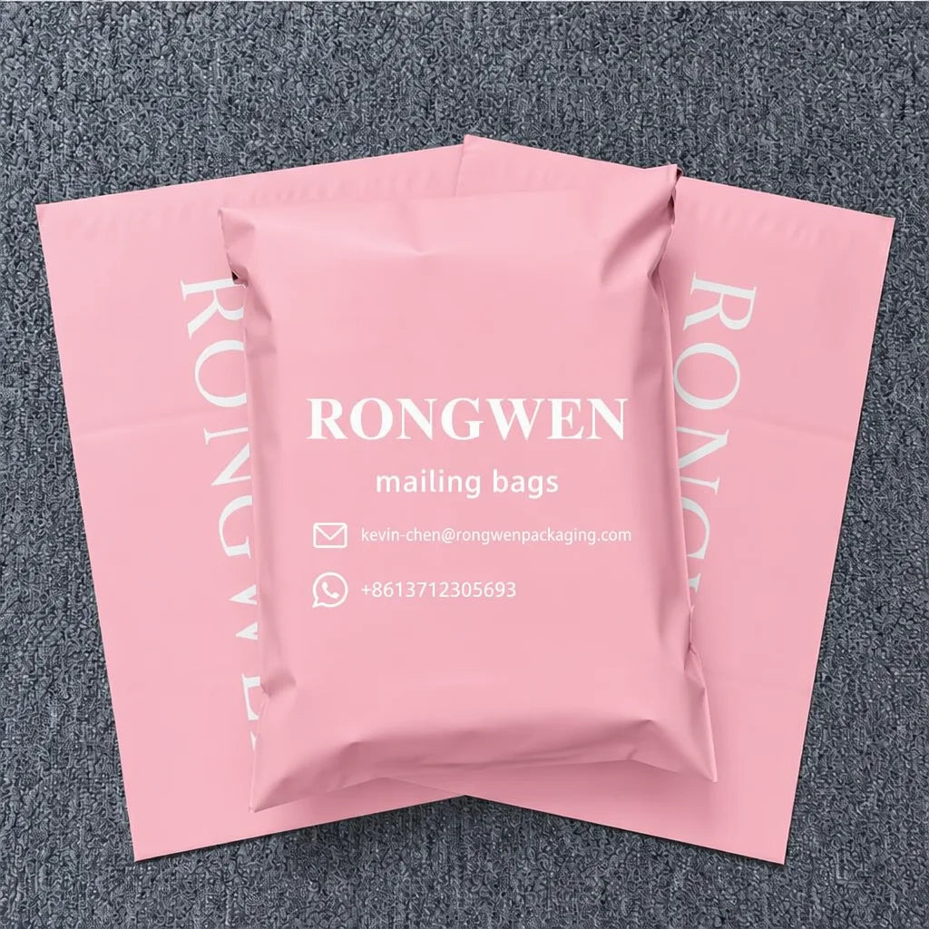 Pink RONGWEN mailing bags, crumpled poly mailer envelopes with logo text