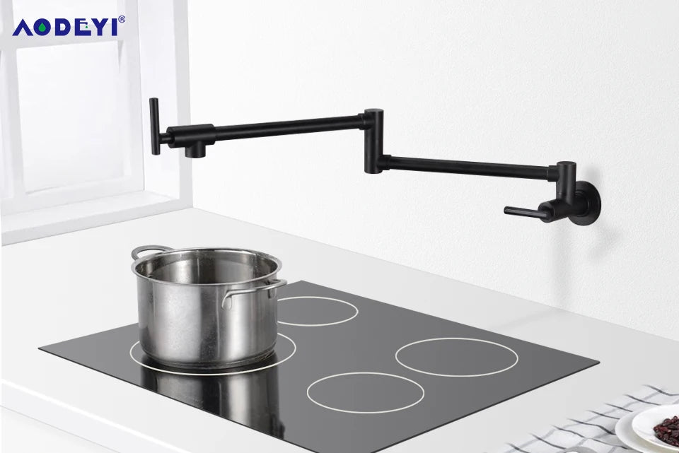 Brass Pot Filler Tap Wall Mounted Kitchen Sink Faucet Black Single Cold Taps Single Hole faucets 360 Rotate Folding Spout spigot