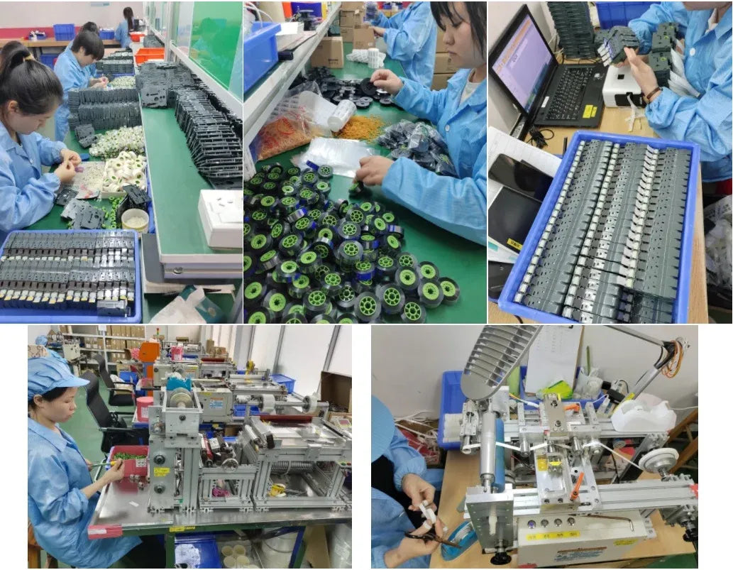 Thermal label printer cartridge assembly line with cartridges and workers