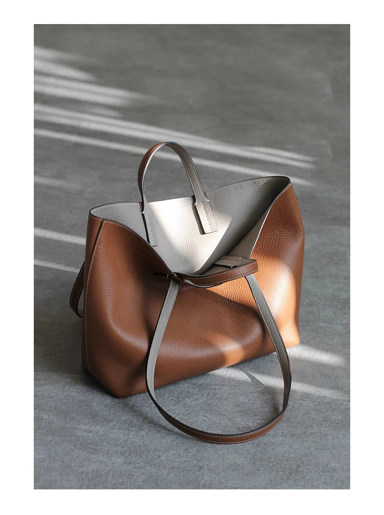 Women Luxury Genuine Leather Tote Soft Cowhide Handbag Two Sides Available Using Shoulder Bags Versatile And Durable