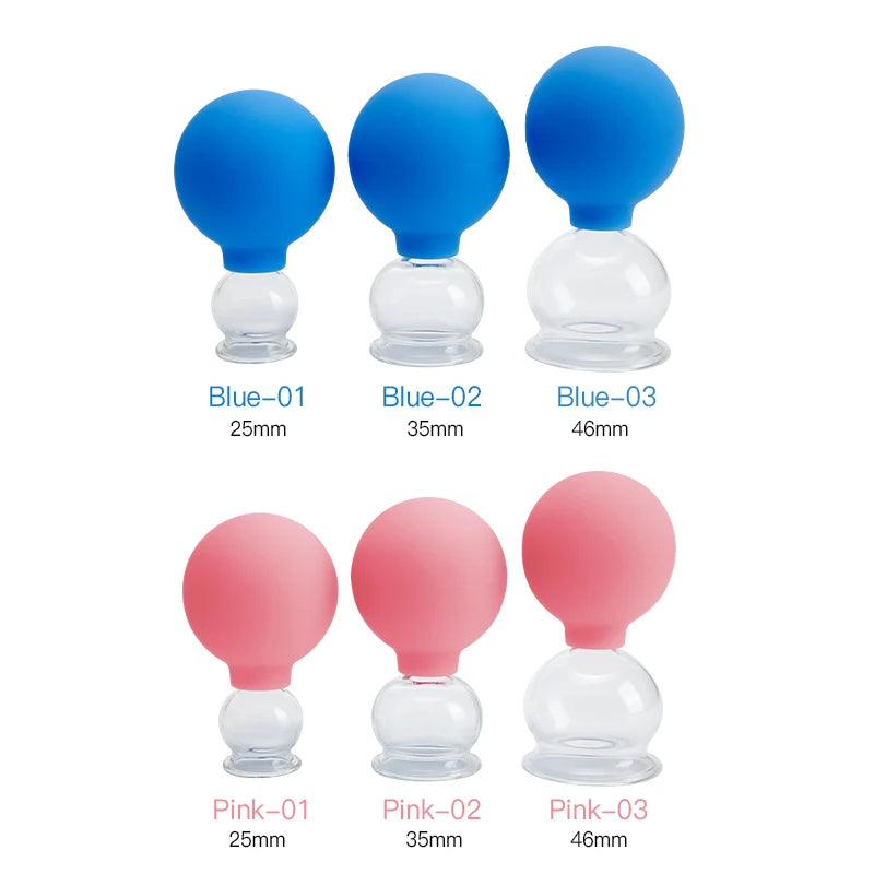 Three blue and three pink silicone vacuum massage cups in 25mm, 35mm, and 46mm sizes with clear glass bulb tops.