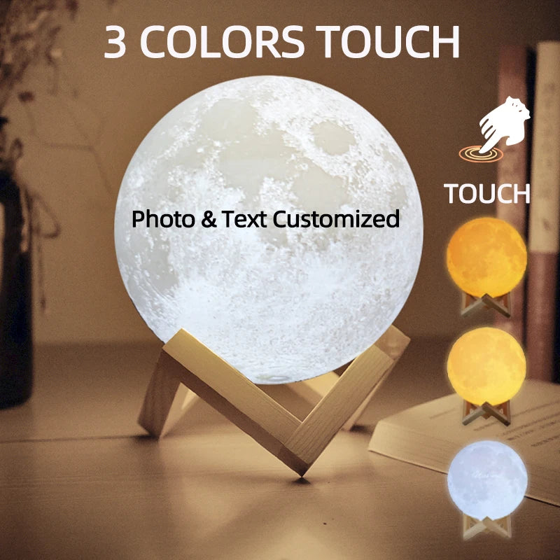 Customizable round moon lamp on a wooden stand, featuring three touch-controlled light color settings for desk decor.