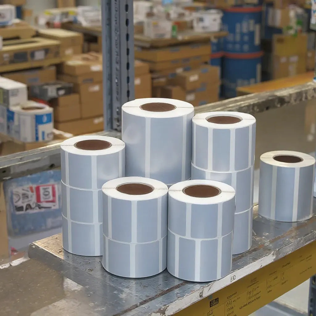Matte silver thermal label rolls on warehouse pallet, ready for packing